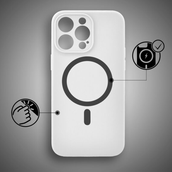 Etui do iPhone 14 Pro, silikonowe z MagSafe, mikrofibra soft touch z osłoną na aparat, białe pop3