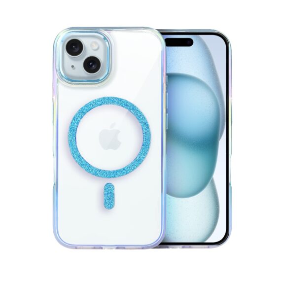 Etui do iPhone 15 Glitter Crown, opalizujące, przeźroczyste z brokatowym MagSafe, niebieskie (4)
