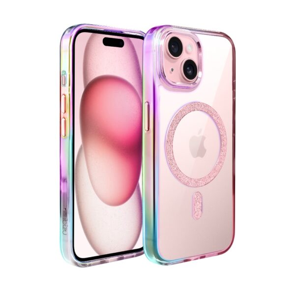 Etui do iPhone 15 Glitter Crown, opalizujące, przeźroczyste z brokatowym MagSafe, różowe