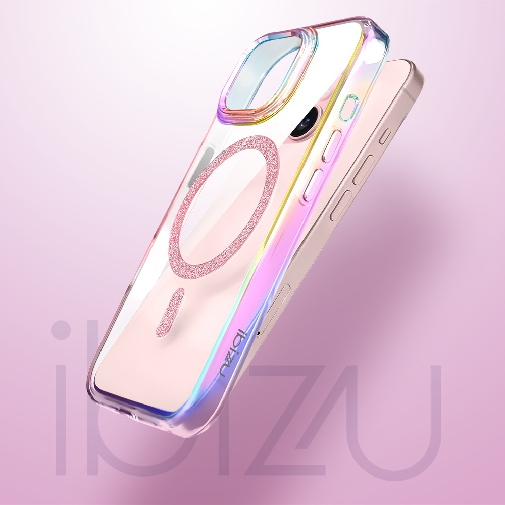 Etui do iPhone 15 Glitter Crown, opalizujące, przeźroczyste z brokatowym MagSafe, różowe (3)