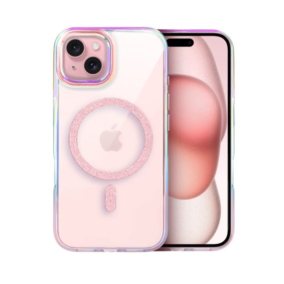 Etui do iPhone 15 Glitter Crown, opalizujące, przeźroczyste z brokatowym MagSafe, różowe (4)