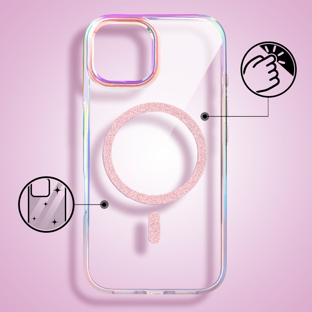 Etui do iPhone 15 Glitter Crown, opalizujące, przeźroczyste z brokatowym MagSafe, różowe (5)