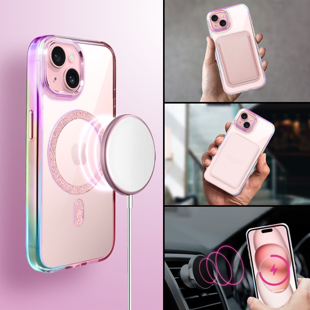 Etui do iPhone 15 Glitter Crown, opalizujące, przeźroczyste z brokatowym MagSafe, różowe (6)