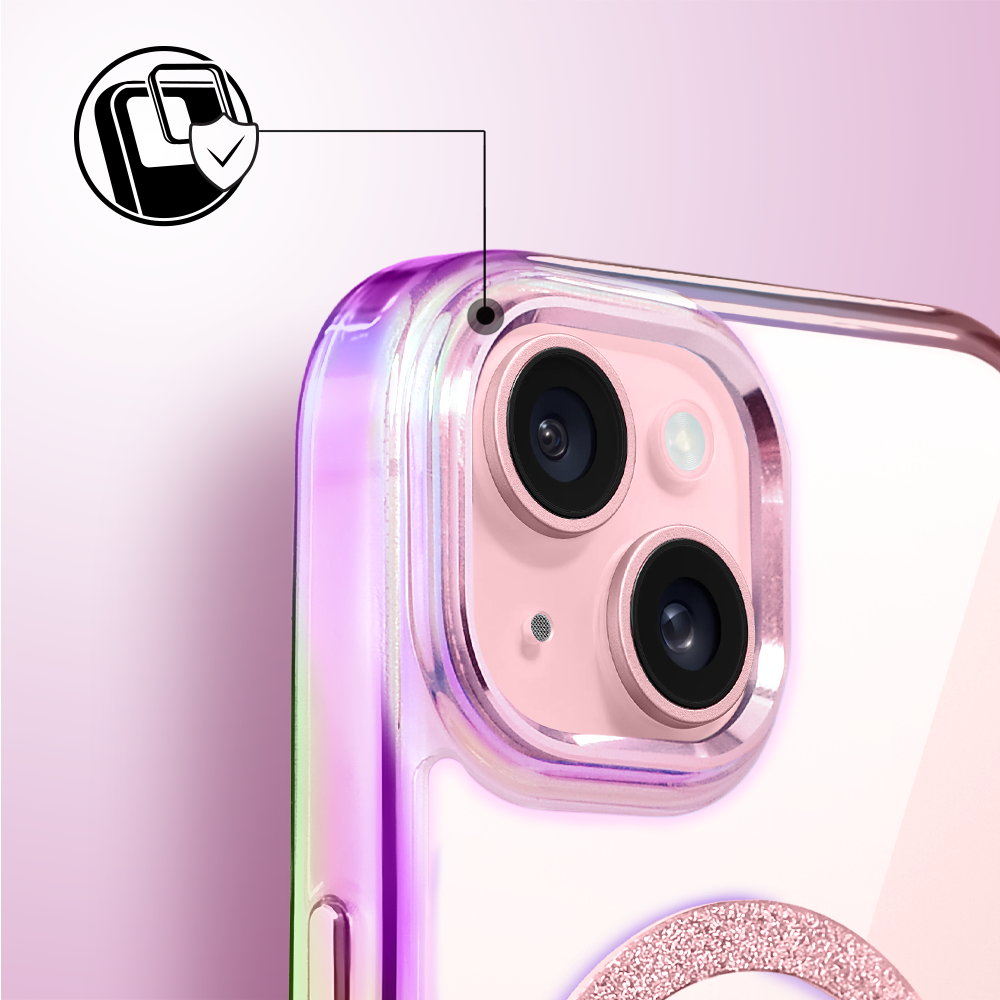 Etui do iPhone 15 Glitter Crown, opalizujące, przeźroczyste z brokatowym MagSafe, różowe (7)