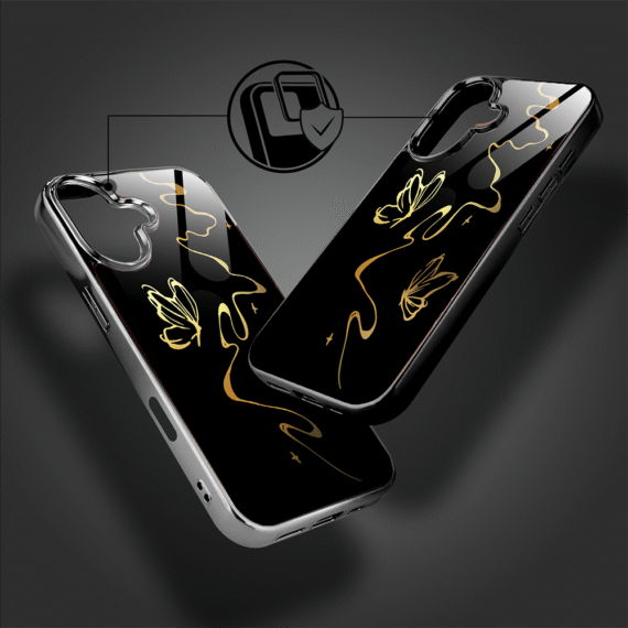Etui do iPhone 16, Elite Glass z MagSafe, szklany tył, Golden Midnight, Efekt motyla, czarne (2)