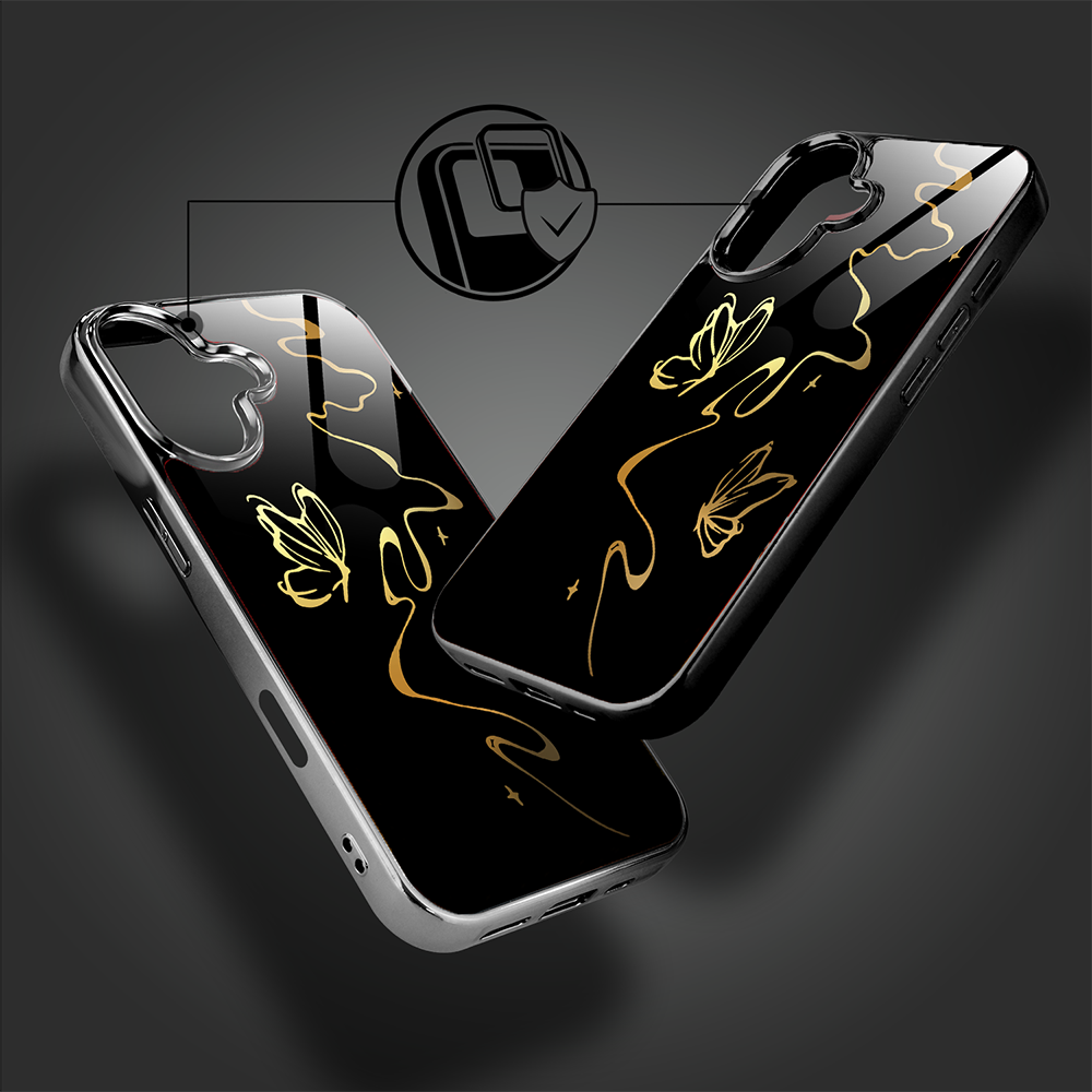 Etui do iPhone 16, Elite Glass z MagSafe, szklany tył, Golden Midnight, Efekt motyla, czarne (2)
