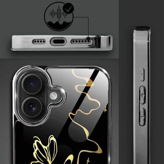 Etui do iPhone 16, Elite Glass z MagSafe, szklany tył, Golden Midnight, Efekt motyla, czarne (4)