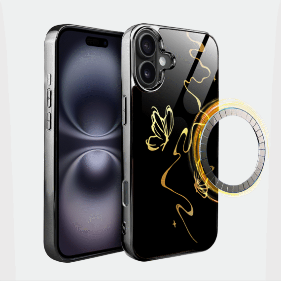 Etui do iPhone 16, Elite Glass z MagSafe, szklany tył, Golden Midnight, Efekt motyla, czarne (7)