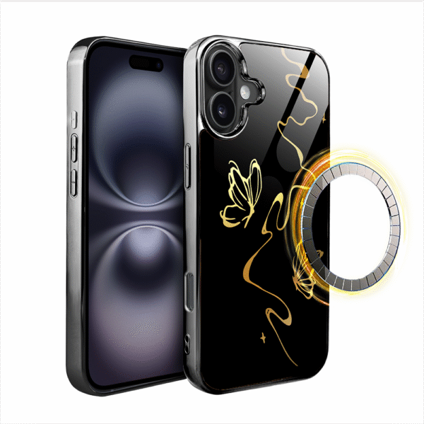 Etui do iPhone 16 Plus, Elite Glass z MagSafe, szklany tył, Golden Midnight, Efekt motyla, czarne