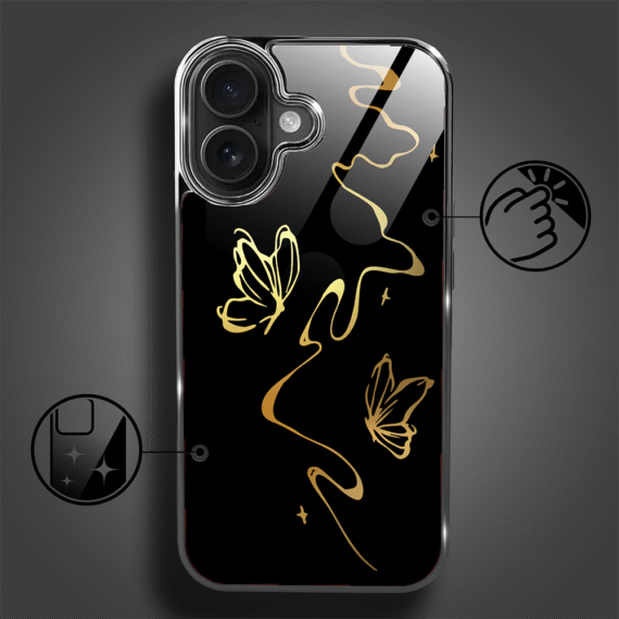 Etui do iPhone 16, Elite Glass z MagSafe, szklany tył, Golden Midnight, Efekt motyla, czarne (8)