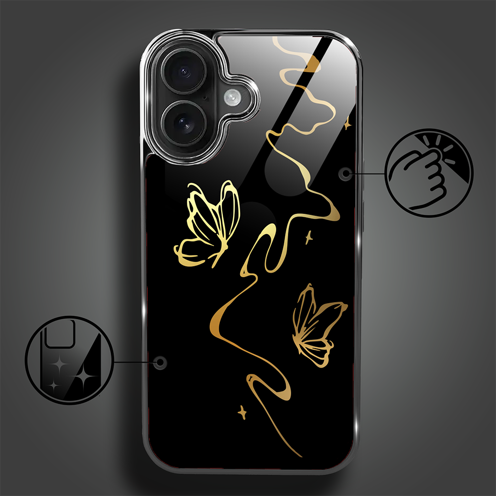 Etui do iPhone 16, Elite Glass z MagSafe, szklany tył, Golden Midnight, Efekt motyla, czarne (8)