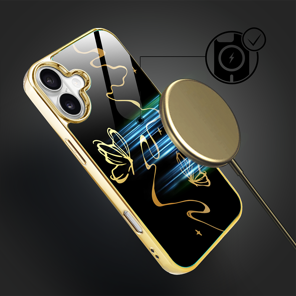 Etui do iPhone 16, Elite Glass z MagSafe, szklany tył, Golden Midnight, Efekt motyla, złote (2)