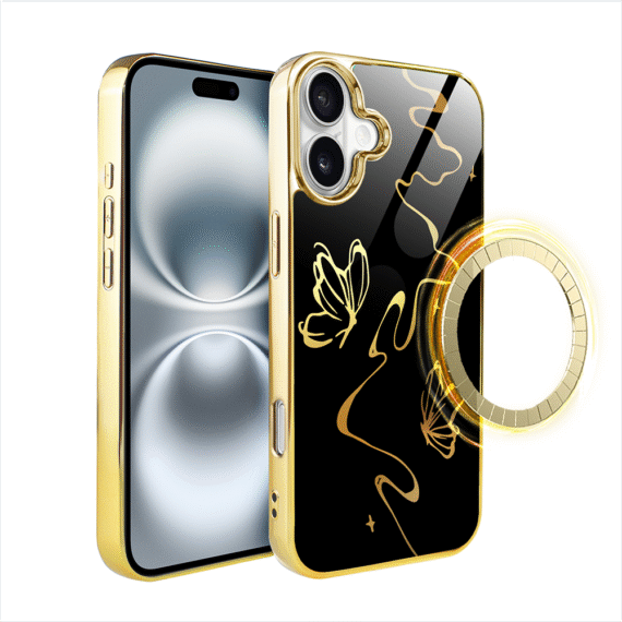 Etui do iPhone 16, Elite Glass z MagSafe, szklany tył, Golden Midnight, Efekt motyla, złote (3)