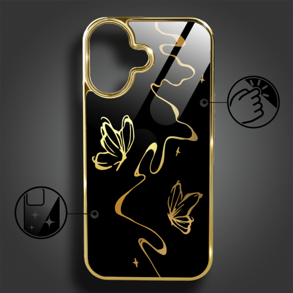 Etui do iPhone 16, Elite Glass z MagSafe, szklany tył, Golden Midnight, Efekt motyla, złote (4)