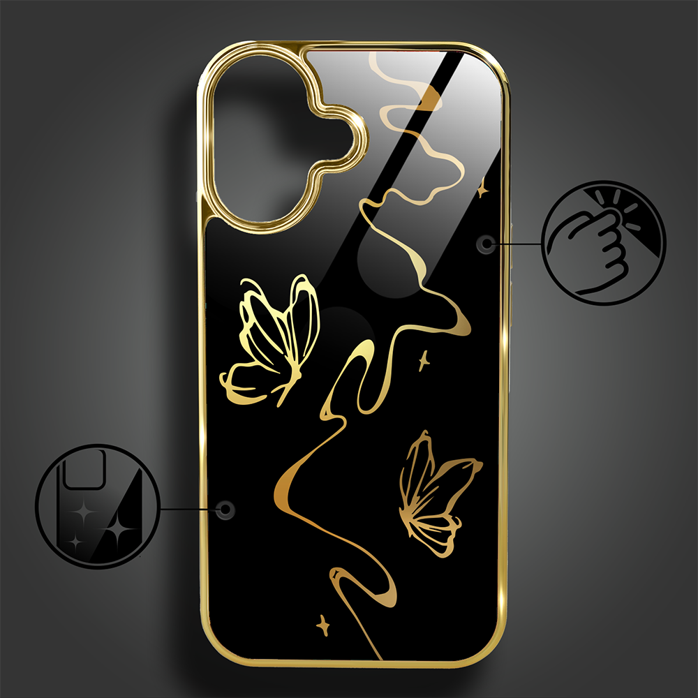 Etui do iPhone 16, Elite Glass z MagSafe, szklany tył, Golden Midnight, Efekt motyla, złote (4)