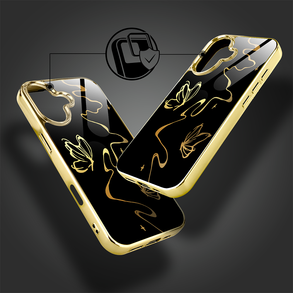 Etui do iPhone 16, Elite Glass z MagSafe, szklany tył, Golden Midnight, Efekt motyla, złote (6)