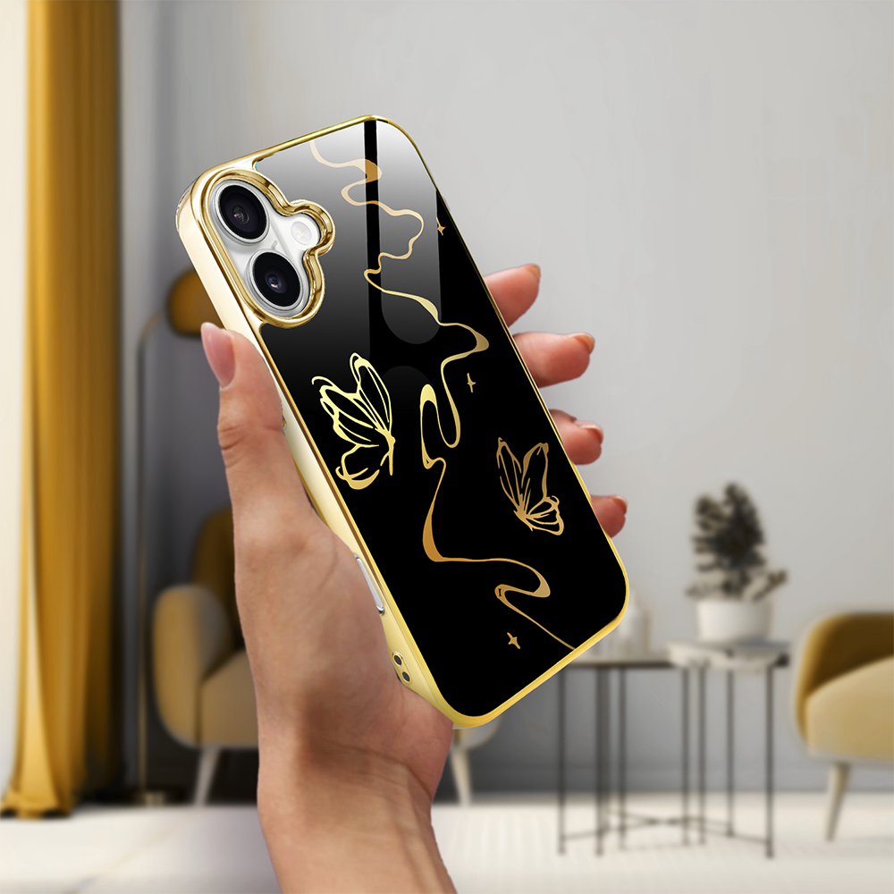Etui do iPhone 16, Elite Glass z MagSafe, szklany tył, Golden Midnight, Efekt motyla, złote (7)