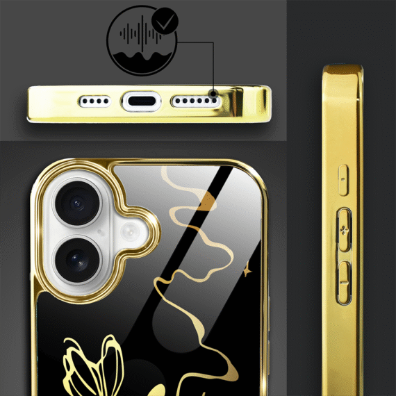 Etui do iPhone 16, Elite Glass z MagSafe, szklany tył, Golden Midnight, Efekt motyla, złote (8)
