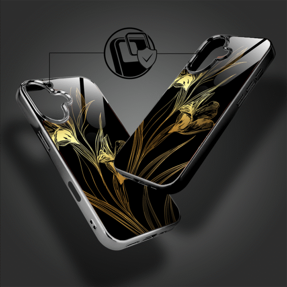 Etui do iPhone 16, Elite Glass z MagSafe, szklany tył, Golden Midnight, Królewskie irysy, czarne (2)