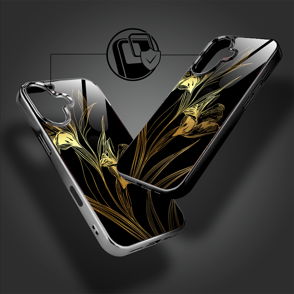 Etui do iPhone 16, Elite Glass z MagSafe, szklany tył, Golden Midnight, Królewskie irysy, czarne (2)