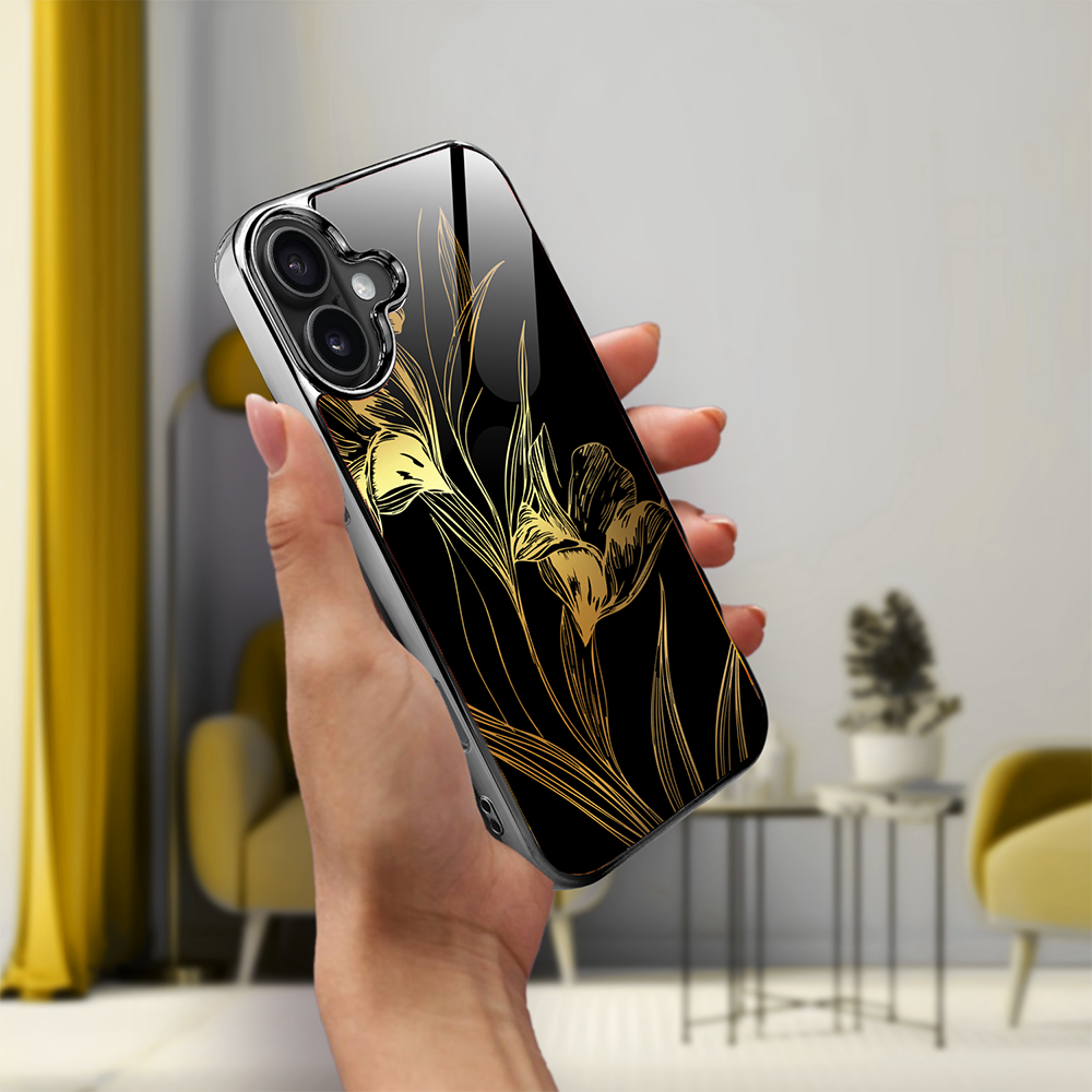 Etui do iPhone 16, Elite Glass z MagSafe, szklany tył, Golden Midnight, Królewskie irysy, czarne (3)