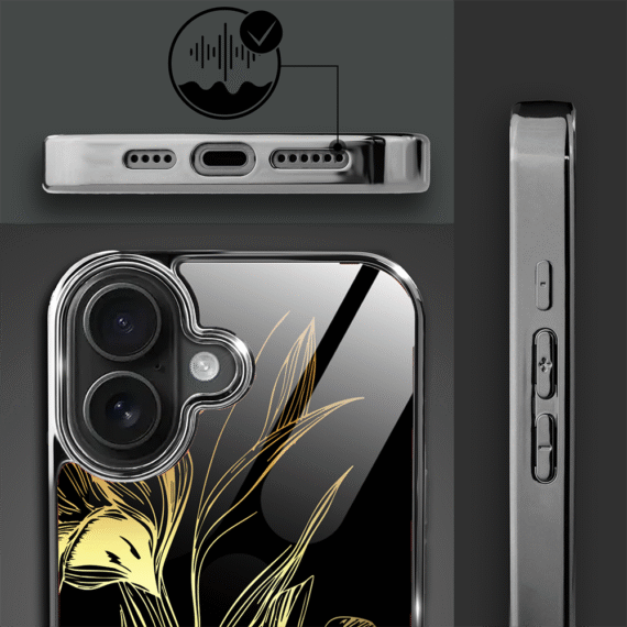 Etui do iPhone 16, Elite Glass z MagSafe, szklany tył, Golden Midnight, Królewskie irysy, czarne (4)