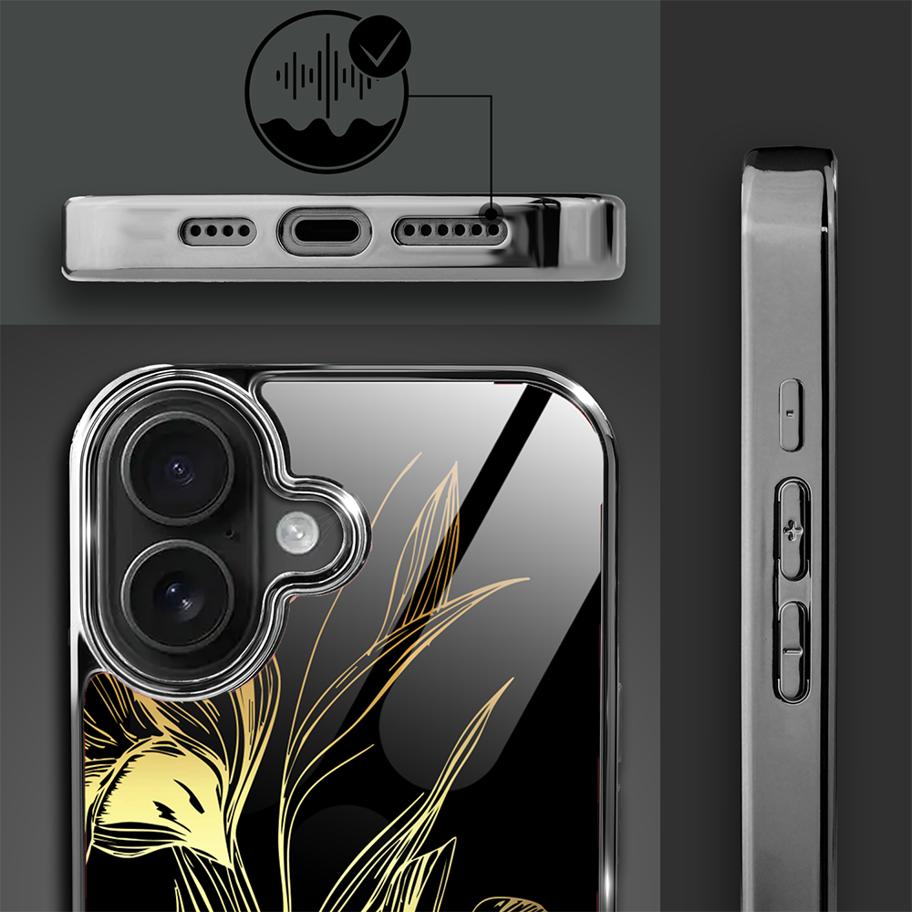 Etui do iPhone 16, Elite Glass z MagSafe, szklany tył, Golden Midnight, Królewskie irysy, czarne (4)