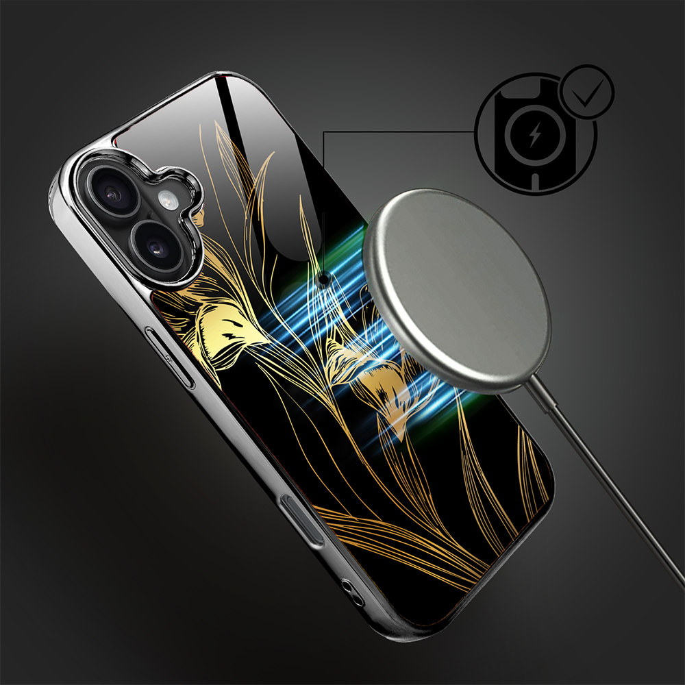 Etui do iPhone 16, Elite Glass z MagSafe, szklany tył, Golden Midnight, Królewskie irysy, czarne (6)