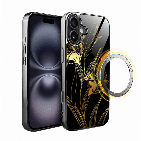 Etui do iPhone 16, Elite Glass z MagSafe, szklany tył, Golden Midnight, Królewskie irysy, czarne (7)