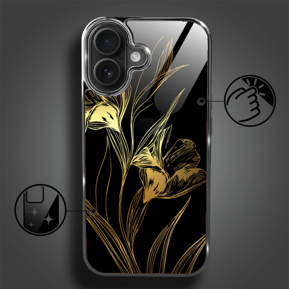 Etui do iPhone 16, Elite Glass z MagSafe, szklany tył, Golden Midnight, Królewskie irysy, czarne (8)