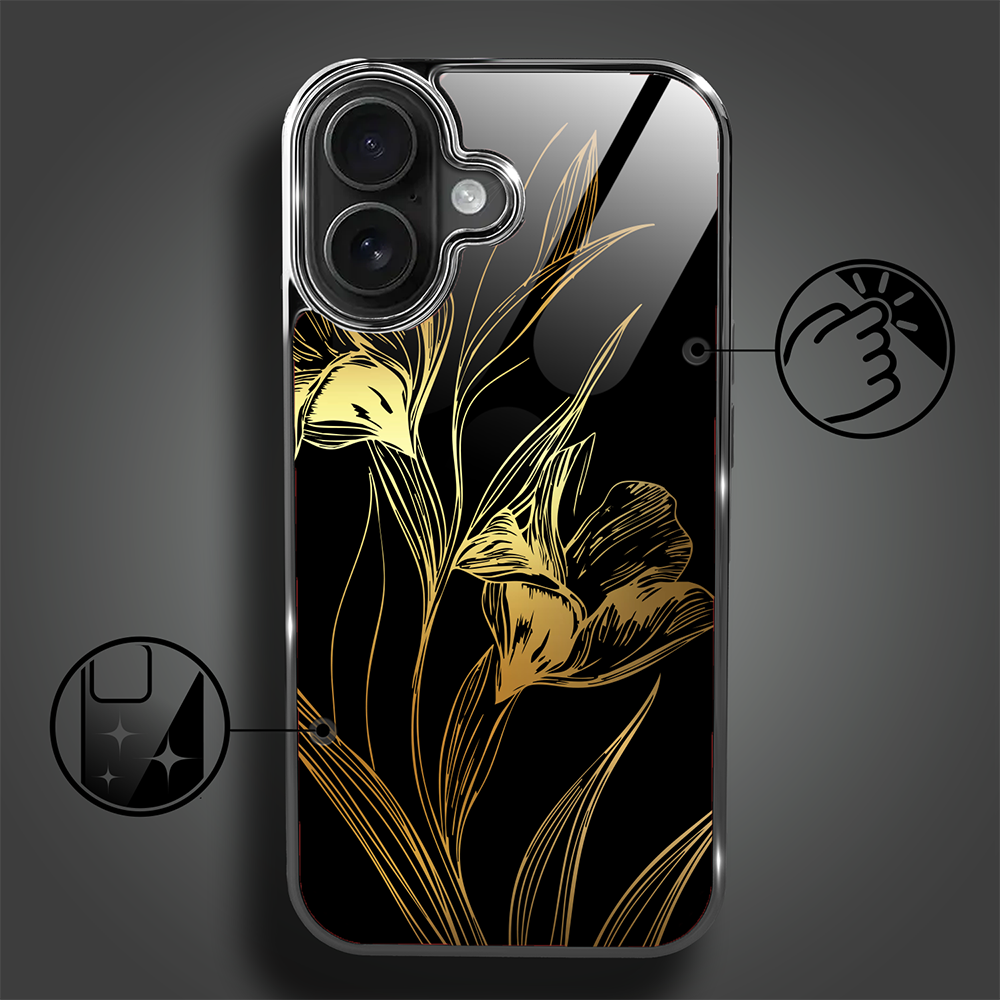 Etui do iPhone 16, Elite Glass z MagSafe, szklany tył, Golden Midnight, Królewskie irysy, czarne (8)