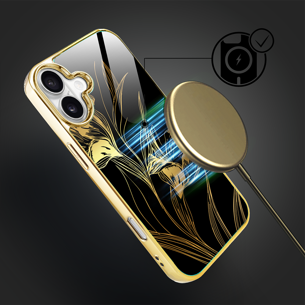 Etui do iPhone 16, Elite Glass z MagSafe, szklany tył, Golden Midnight, Królewskie irysy, złote (2)