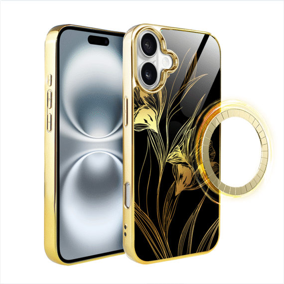 Etui do iPhone 16, Elite Glass z MagSafe, szklany tył, Golden Midnight, Królewskie irysy, złote (3)