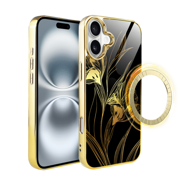 Etui do iPhone 16 Plus, Elite Glass z MagSafe, szklany tył, Golden Midnight, Królewskie irysy, złote