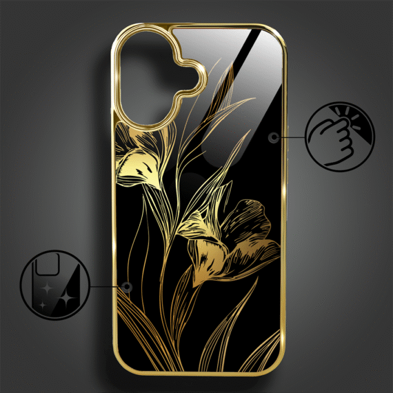 Etui do iPhone 16, Elite Glass z MagSafe, szklany tył, Golden Midnight, Królewskie irysy, złote (4)