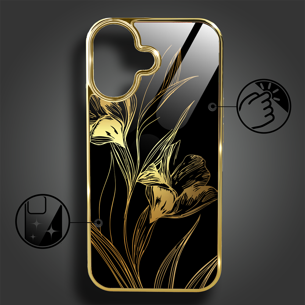Etui do iPhone 16, Elite Glass z MagSafe, szklany tył, Golden Midnight, Królewskie irysy, złote (4)