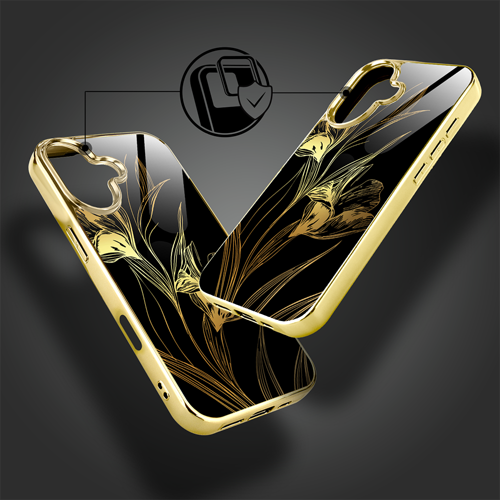 Etui do iPhone 16, Elite Glass z MagSafe, szklany tył, Golden Midnight, Królewskie irysy, złote (6)