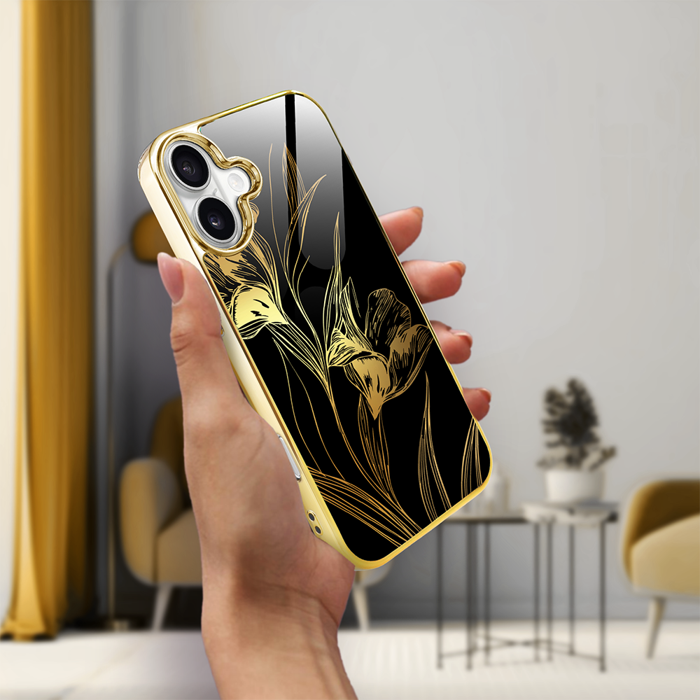 Etui do iPhone 16, Elite Glass z MagSafe, szklany tył, Golden Midnight, Królewskie irysy, złote (7)