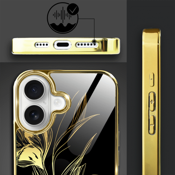 Etui do iPhone 16, Elite Glass z MagSafe, szklany tył, Golden Midnight, Królewskie irysy, złote (8)