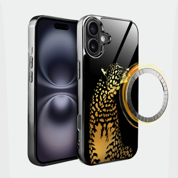Etui do iPhone 16, Elite Glass z MagSafe, szklany tył, Golden Midnight, Lampart, czarne (3)