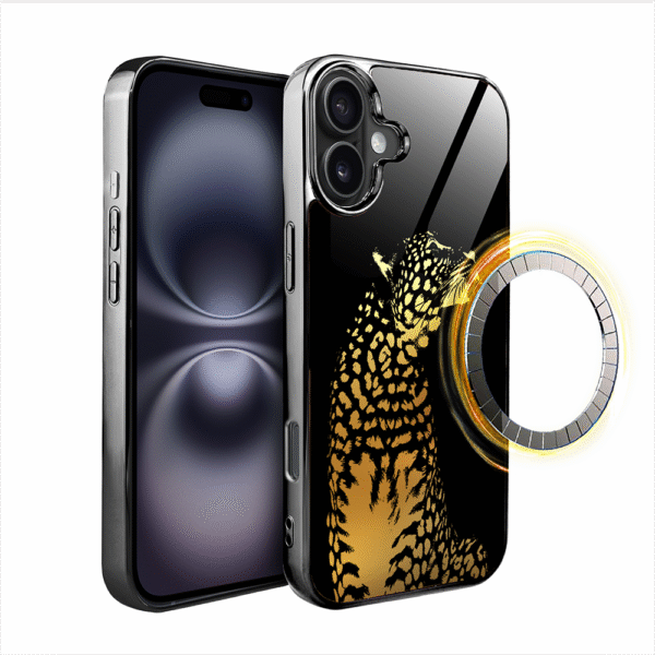 Etui do iPhone 16 Plus, Elite Glass z MagSafe, szklany tył, Golden Midnight, Lampart, czarne