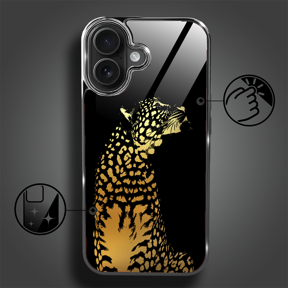 Etui do iPhone 16, Elite Glass z MagSafe, szklany tył, Golden Midnight, Lampart, czarne (4)