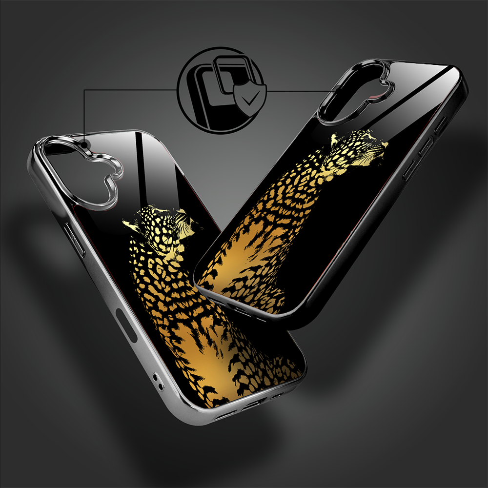 Etui do iPhone 16, Elite Glass z MagSafe, szklany tył, Golden Midnight, Lampart, czarne (6)
