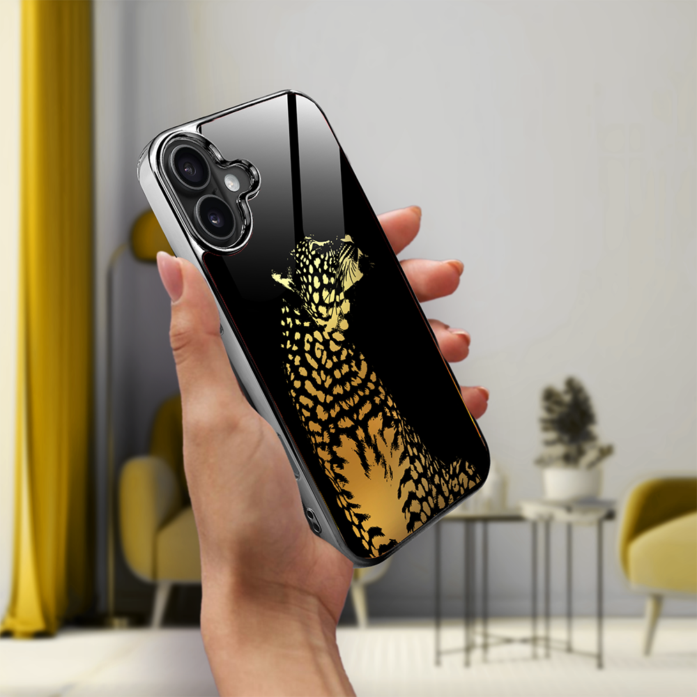 Etui do iPhone 16, Elite Glass z MagSafe, szklany tył, Golden Midnight, Lampart, czarne (7)