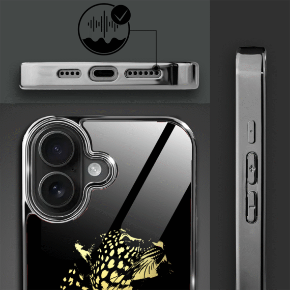 Etui do iPhone 16, Elite Glass z MagSafe, szklany tył, Golden Midnight, Lampart, czarne (8)