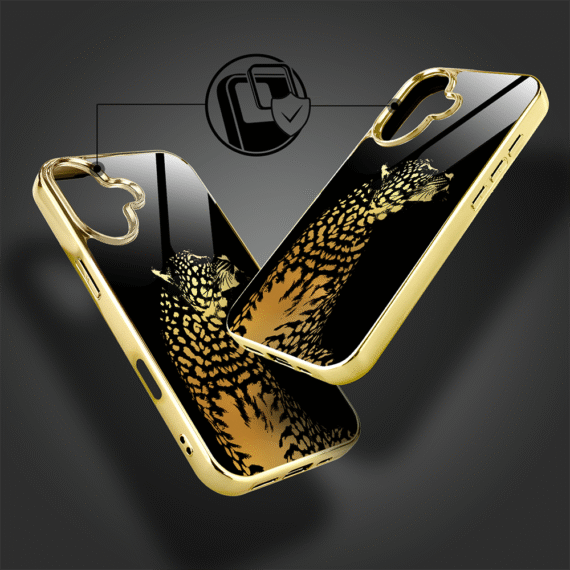 Etui do iPhone 16, Elite Glass z MagSafe, szklany tył, Golden Midnight, Lampart, złote (2)