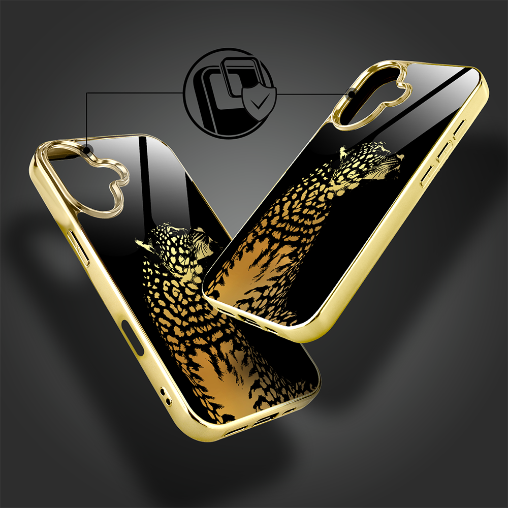 Etui do iPhone 16, Elite Glass z MagSafe, szklany tył, Golden Midnight, Lampart, złote (2)