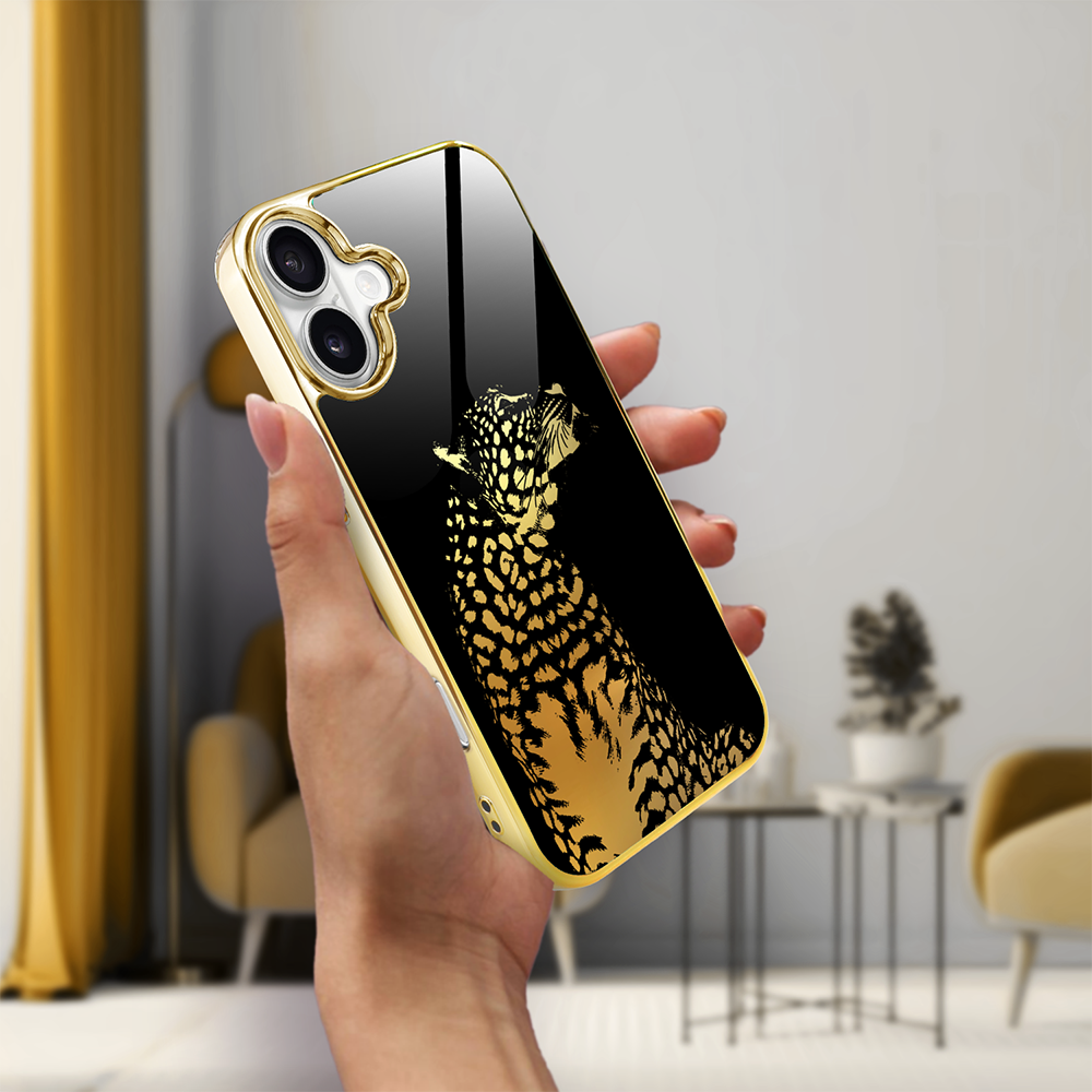 Etui do iPhone 16, Elite Glass z MagSafe, szklany tył, Golden Midnight, Lampart, złote (3)