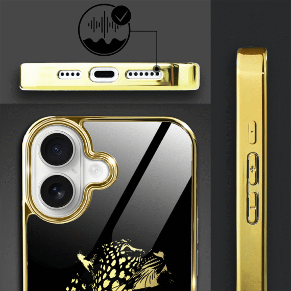 Etui do iPhone 16, Elite Glass z MagSafe, szklany tył, Golden Midnight, Lampart, złote (4)