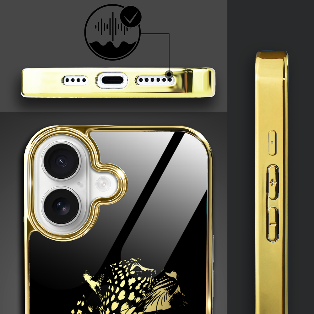 Etui do iPhone 16, Elite Glass z MagSafe, szklany tył, Golden Midnight, Lampart, złote (4)